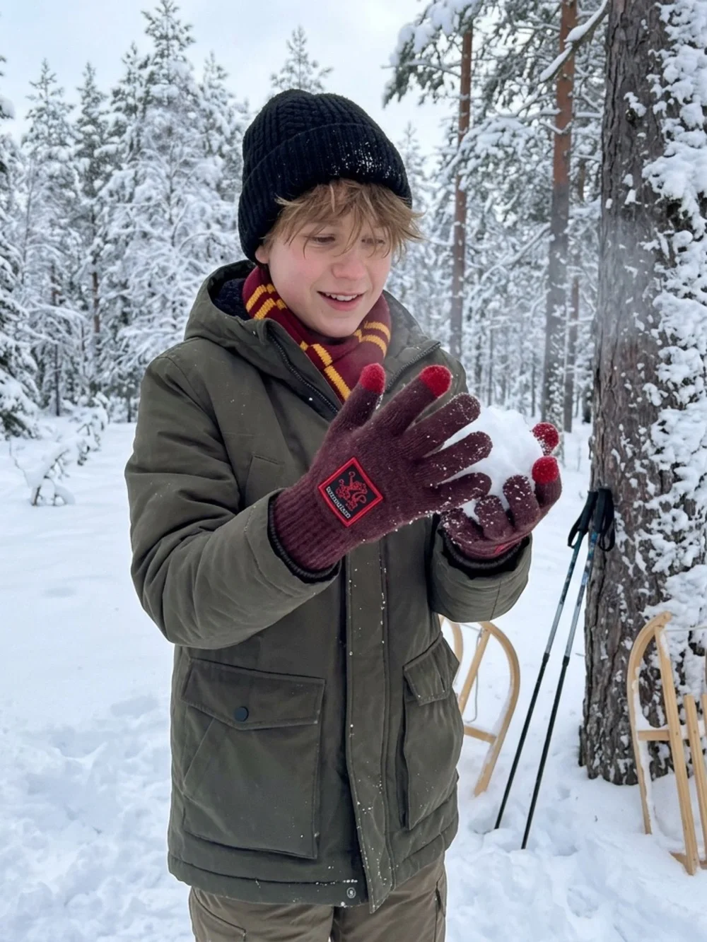 Universal Harry Potter Kids Burgundy Knit Mittens with Red Touchscreen Tips